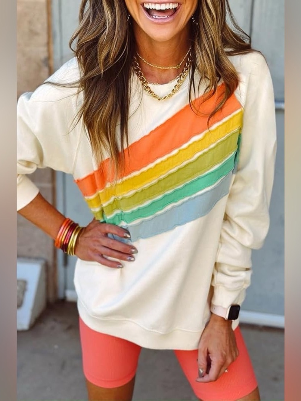 By Together Cream Sweatshirt with Rainbow Stripes Size Large